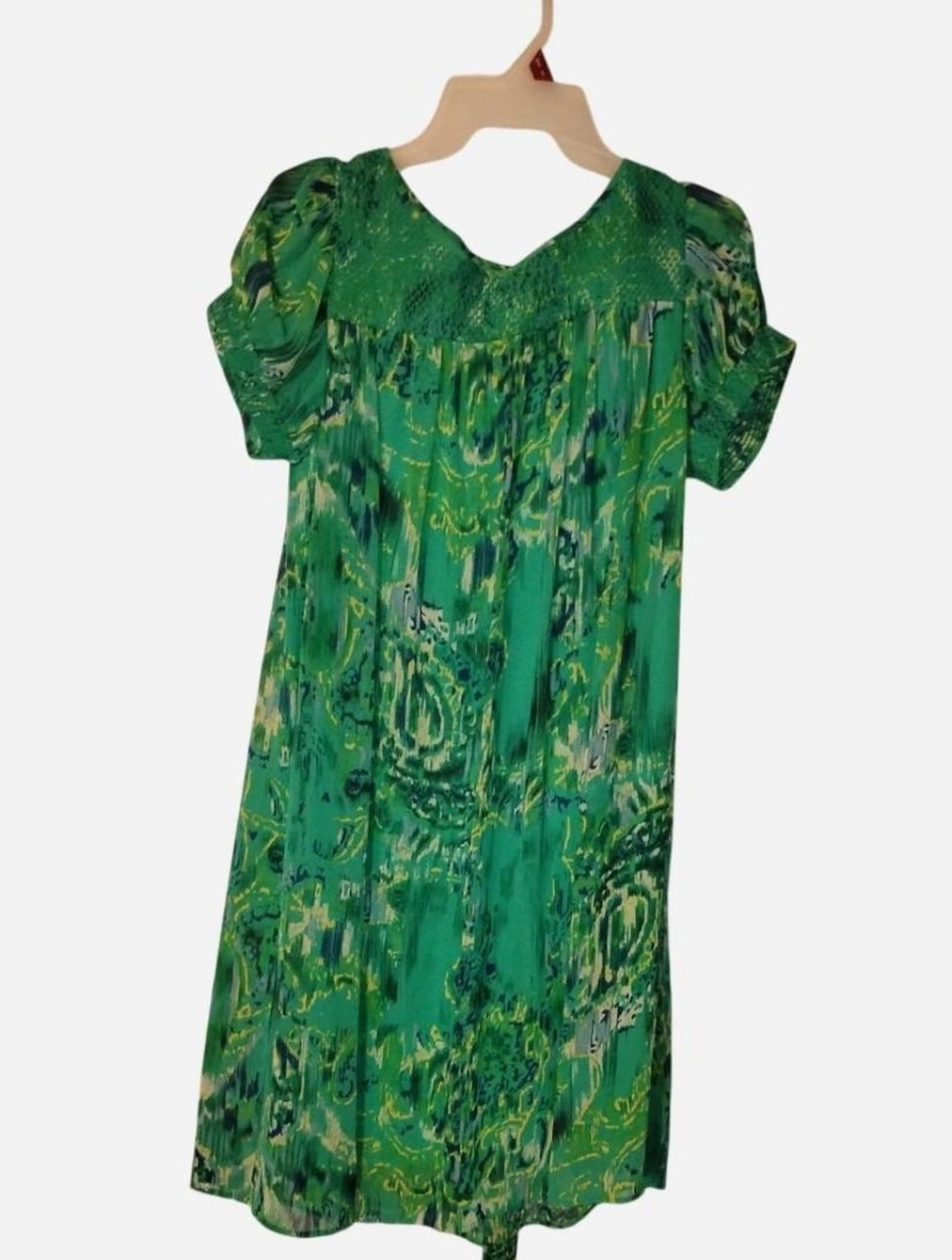 Relativity Green Abstract Ikat Shift Dress Smocked Yoke Size 6